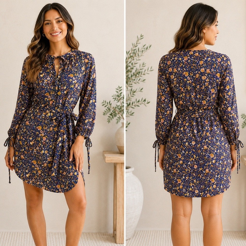 J.Crew Floral Tie Neck Mini Dress XS Blue Cotton Long Sleeve Cottagecore Prairie